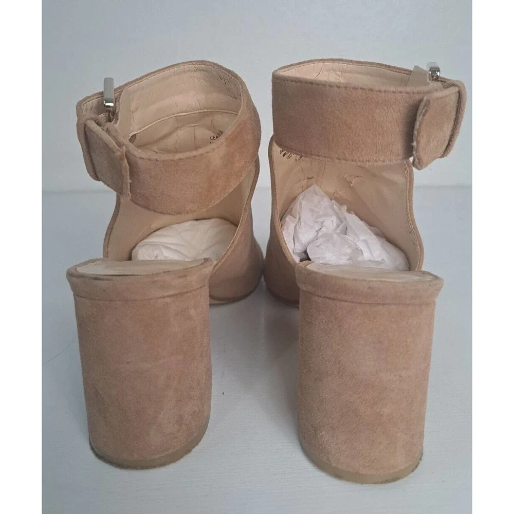 Nine West Tan Suede Leather Chunky Heels Size 7M Jazzyo Open Toe Ankle Buckle - Picture 4 of 8
